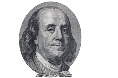 Benjamin Franklin eski 100 dolarlık banknotu tasarlamak amacıyla beyaz arka planda izole etti.