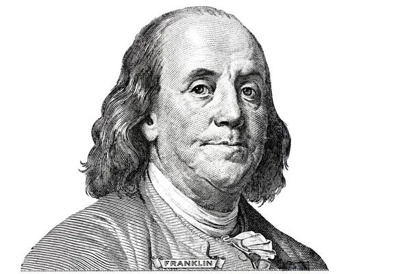 Benjamin Franklin yeni 100 dolarlık banknotta kesinti yaptı. Tasarım amacıyla beyaz arka planda izole edildi.