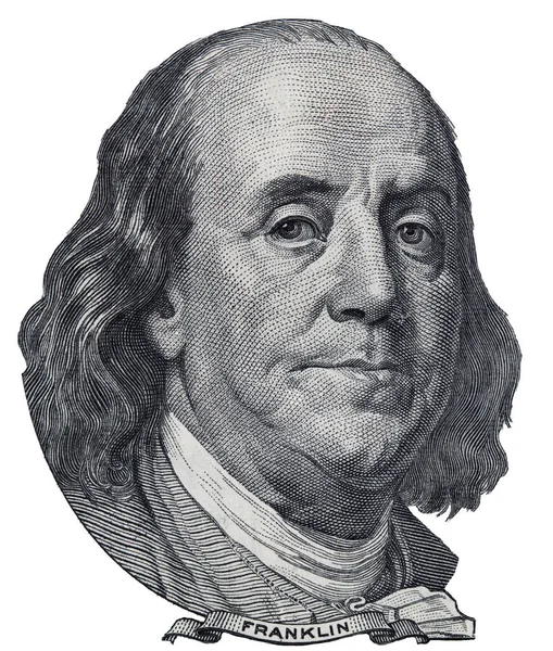 Benjamin Franklin Cortou Notas Antigas 100 Dólares Isoladas Fundo Branco — Fotografia de Stock