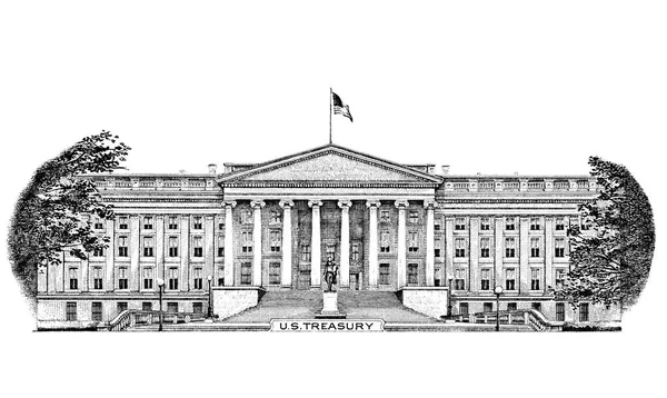 Edificio Del Tesoro Degli Stati Uniti Tagliato Dalla Banconota Dollari — Foto Stock