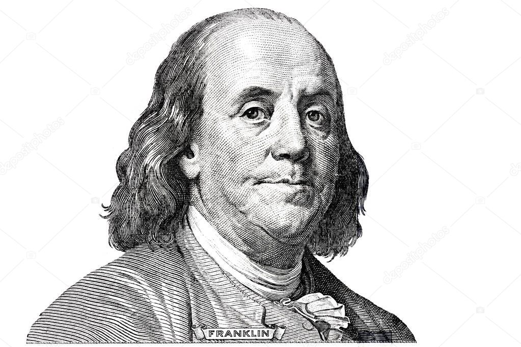 Benjamin Franklin cut on new 100 dollars banknote isolated on white background for design purpose