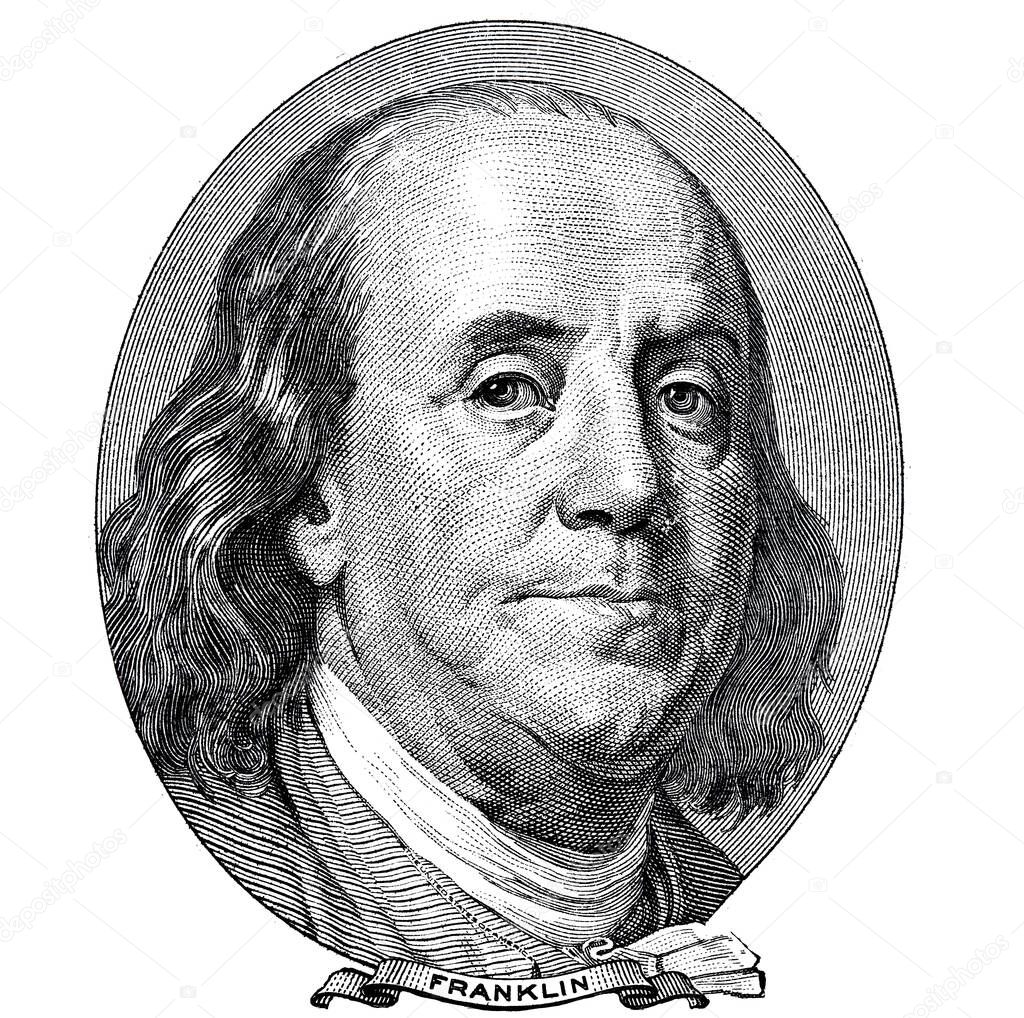 Benjamin Franklin cut on old 100 dollars banknote isolated on white background for design purpose