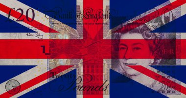 Tasarım amacı için 20 sterlin banknot üzerinde şeffaf İngiliz bayrağı
