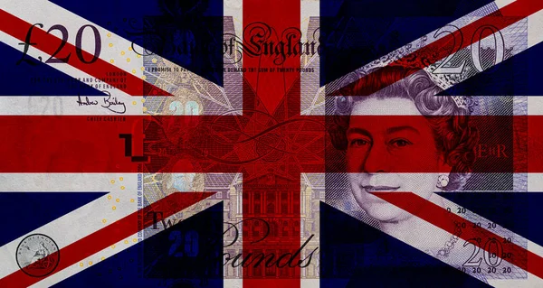 Прозрачный Британский Флаг Фоне Банкнот Весом Фунтов Дизайнерских Целей — стоковое фото
