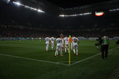 Lviv, Ukrayna - 14 Nisan 2016: UEFA Avrupa Ligi, FC Shakhtar Donetsk (Ukrayna) - SC Braga (Portekiz) FC Shakhtar 'dan gol kutlaması
