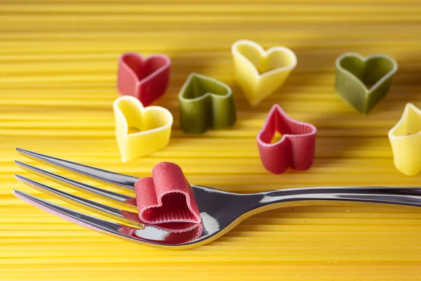 Cuoricini Italian Pasta Fork Spaghetti Background Romantic Food Background — Stock Photo, Image