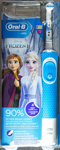Frankfurt, Germany - April 10, 2021: Braun Oral-B rechargeable toothbrush for kids 3+ years. Disney Frozen II