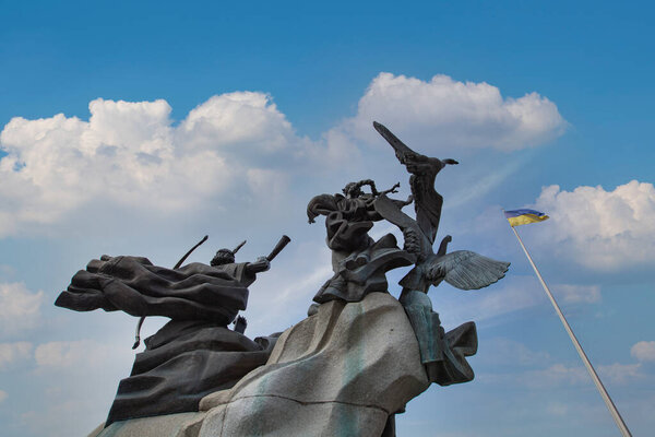 Kyiv, Ukraine - April 1, 2021: Monument to the founders of Kyiv on Independence square