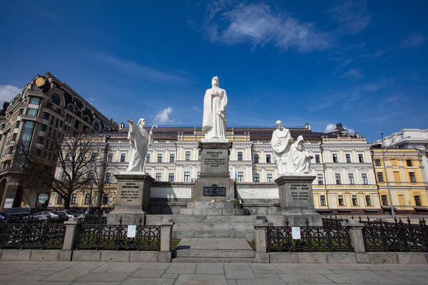 Kyiv, Ukraine - April 1, 2021: Monument to Princess Olga, Saint Andrew, Sts. Cyril and Methodius