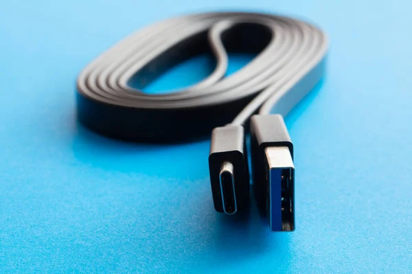 Fekete Usb Type Kábel Kék Háttér Tervezési Célra — Stock Fotó