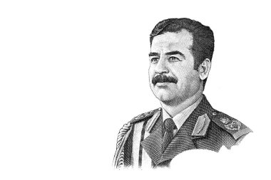 Saddam Hüseyin 1986 'da tasarım amaçlı çıkarılan 25 Irak dinar banknotundan kesmiş.