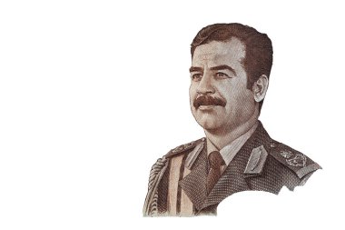 Saddam Hüseyin 1986 'da tasarım amaçlı çıkarılan 25 Irak dinar banknotundan kesmiş.