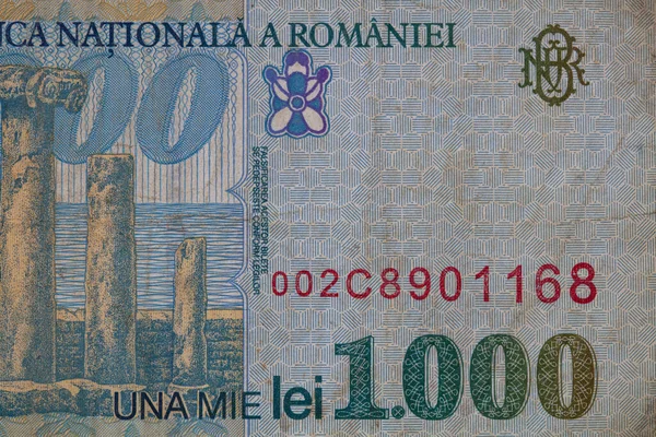 Detailní Záběr 1000 Rumunských Bankovek Série 1996 Papír Pro Konstrukční — Stock fotografie