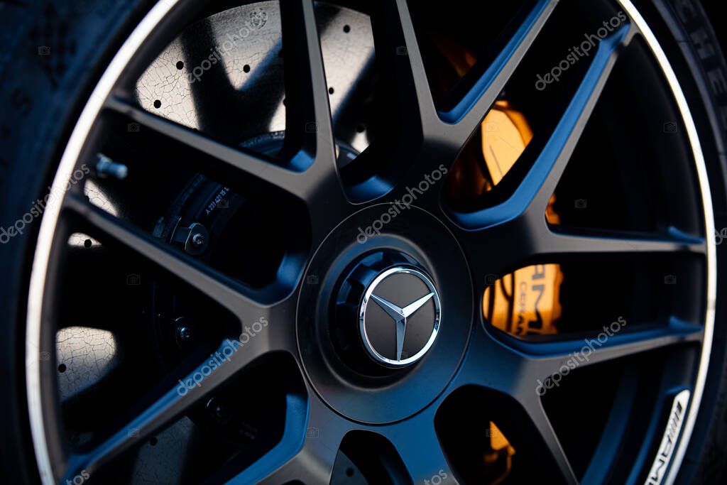 Stuttgart, Germany - June, 2021: Mercedes-Benz wheel. Mercedes amg carbon ceramic brakes