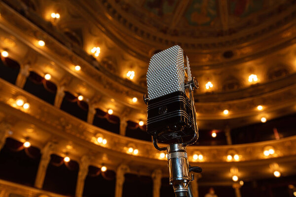Lviv, Ukraine - June 10, 2021: AEA Ribbon Microphone R44C on Lviv opera house interior background