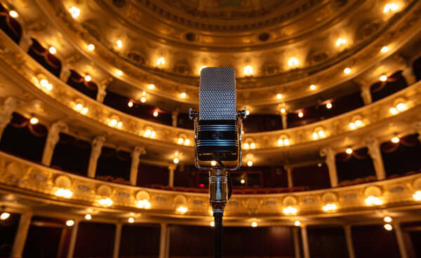 Lviv, Ukraine - June 10, 2021: AEA Ribbon Microphone R44C on Lviv opera house interior background