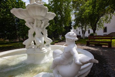 Dubno, Ukrayna - 7 Haziran 2021 Dubno Kalesi. Çeşme