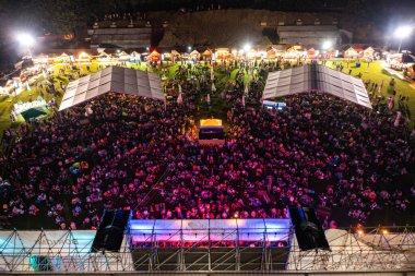 Lviv, Ukrayna - 24 Haziran 2021: Leopolis Caz Festivali. Eddie Rosner 'a ithaf edilmiş bir sahne. Piknik alanı. İHA 'dan hava görüntüsü