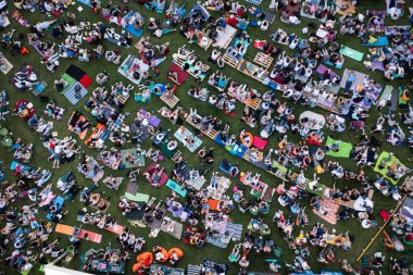 Lviv, Ukraine - June 24, 2021: Leopolis Jazz Fest 2021. Stage dedicated to Eddie Rosner. Picnic zone. Aerial view from drone clipart