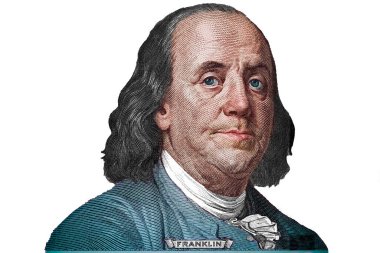 Benjamin Franklin beyaz arka planda izole edilmiş 100 dolarlık banknot kesti