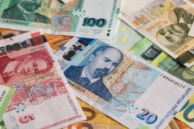 Bulgar Leva ve Avro Banknotları Tam Çerçeve Arkaplanı Dağıldı
