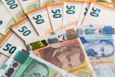 Bulgar Leva ve Avro Banknotları Tam Çerçeve Arkaplanı Dağıldı