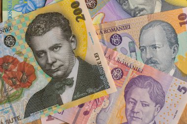 Karışık Rumen Leu Banknotlarının Tam Çerçeve Arkaplanını Kapat