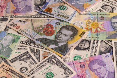 Karışık Rumen Leu ve ABD Doları Banknotlarının Tam Çerçeve Arkaplanı