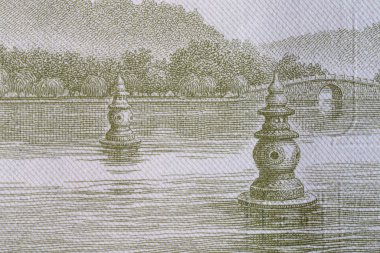 Pagoda ve mezhebi gösteren Çin 1 Yuan Banknotunun uç Macro Detayları