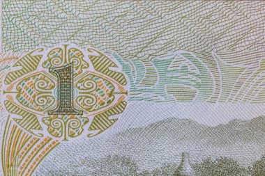 Pagoda ve mezhebi gösteren Çin 1 Yuan Banknotunun uç Macro Detayları