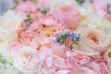 Yumuşak Pastel Çiçek Buketi Mavi Beni Unutma Beyaz Ortanca ve Pembe Güller