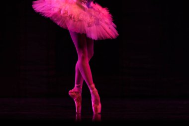 Sahnede dans eden balerinlerin yakın çekimi.