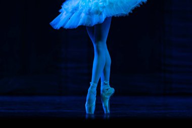 Sahnede dans eden balerinlerin yakın çekimi.