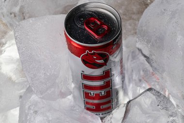 Lviv, Ukrayna - 8 Şubat 2026: Buzlu Buzlu Cehennem Enerji İçeceği Kutusu