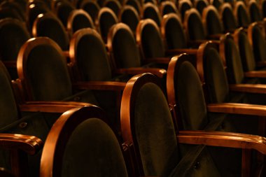 Boş Klasik Tiyatro Salonu Kadife Koltuklar ve Tahta Kol Dinlenmeleriyle