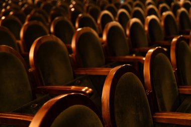 Boş Klasik Tiyatro Salonu Kadife Koltuklar ve Tahta Kol Dinlenmeleriyle