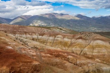 Altai dağlarında Mars 'a benzer renkli topraklara sahip alışılmadık bir doğal bölge. Altai 'nin doğal cazibesi. Rusya 'daki popüler turizm rotaları.