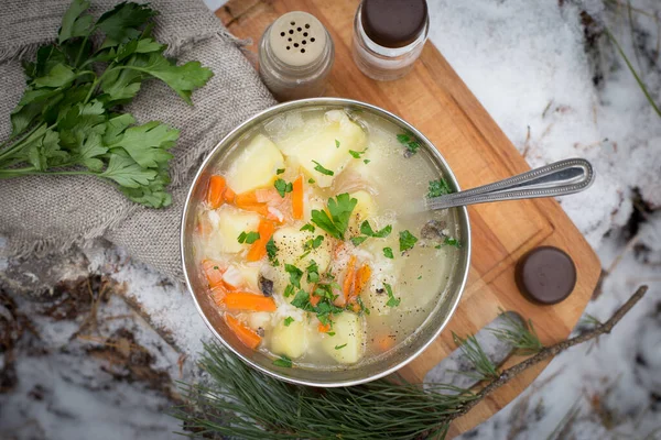 Świeża Zupa Rybna Przyprawami Gotowana Przy Ognisku Przyjęta Naturę Zupy — Zdjęcie stockowe