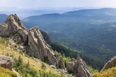 Dağlarda alışılmadık kayalar var. Mountain Kolyvan 'ın doğası. Sinyukha Dağı. Altai Krai, Sibirya, Rusya.