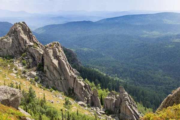 Dağlarda alışılmadık kayalar var. Mountain Kolyvan 'ın doğası. Sinyukha Dağı. Altai Krai, Sibirya, Rusya.