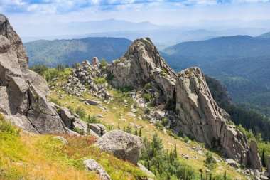 Dağlarda alışılmadık kayalar var. Kolyvan Dağı 'nın doğası. Sinyukha Dağı. Altai Krai, Sibirya, Rusya. Doğa rezervi.