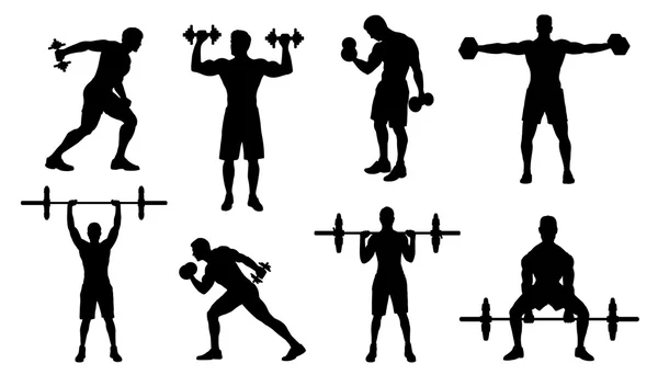 Gimnasio hombres siluetas — Vector de stock