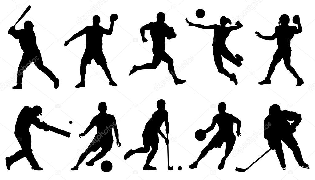 Team sports action silhouettes on the white background