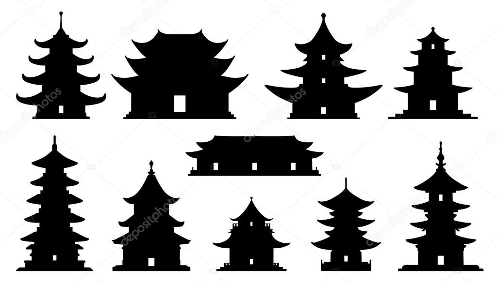 Asian temple silhouettes on the white background