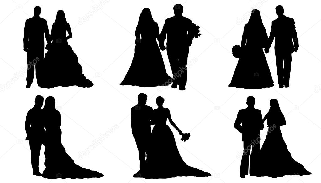 Wedding couple silhouettes on the white background