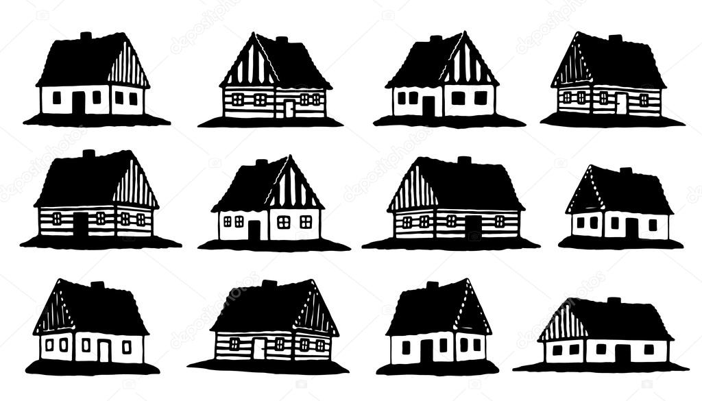 Hut silhouettes on the white background