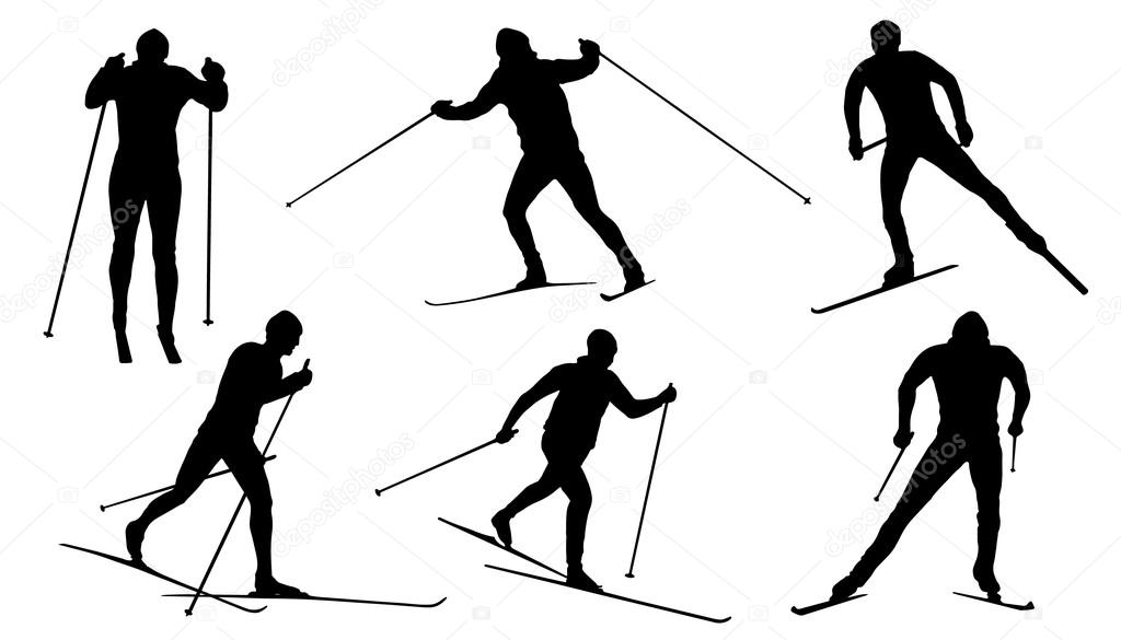 Cross country ski silhouettes on the white background