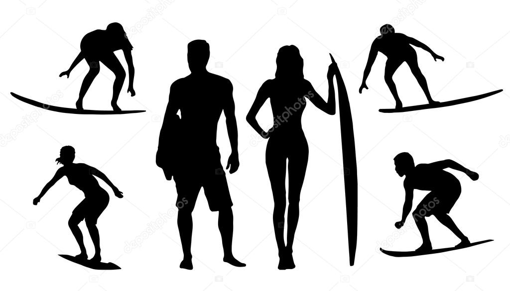Surfer silhouettes on the white background