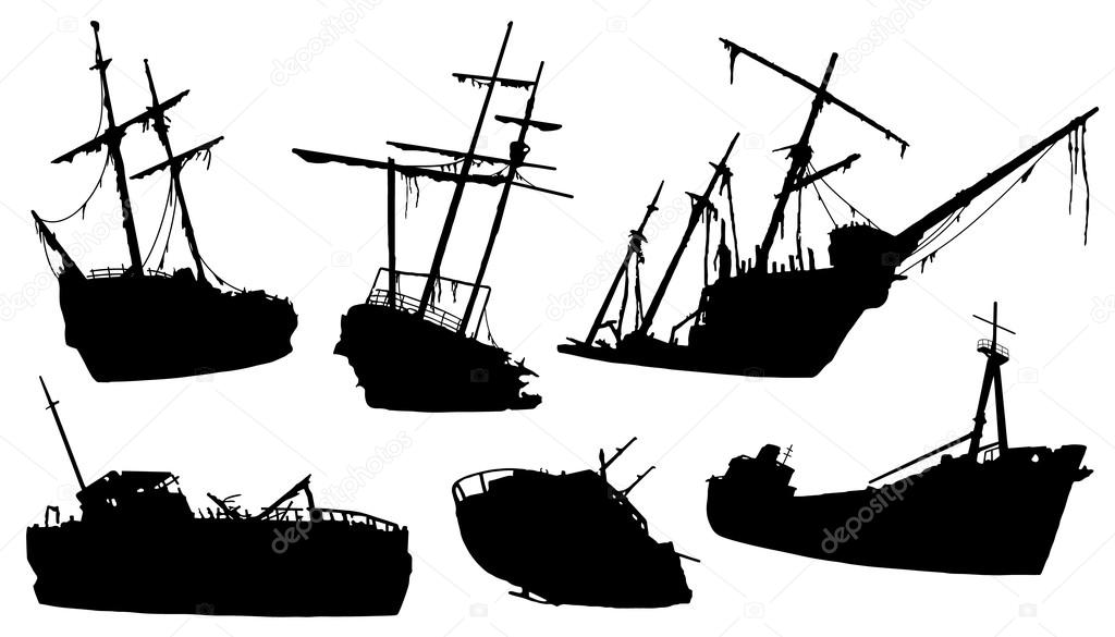Shipwreck silhouettes on the white background