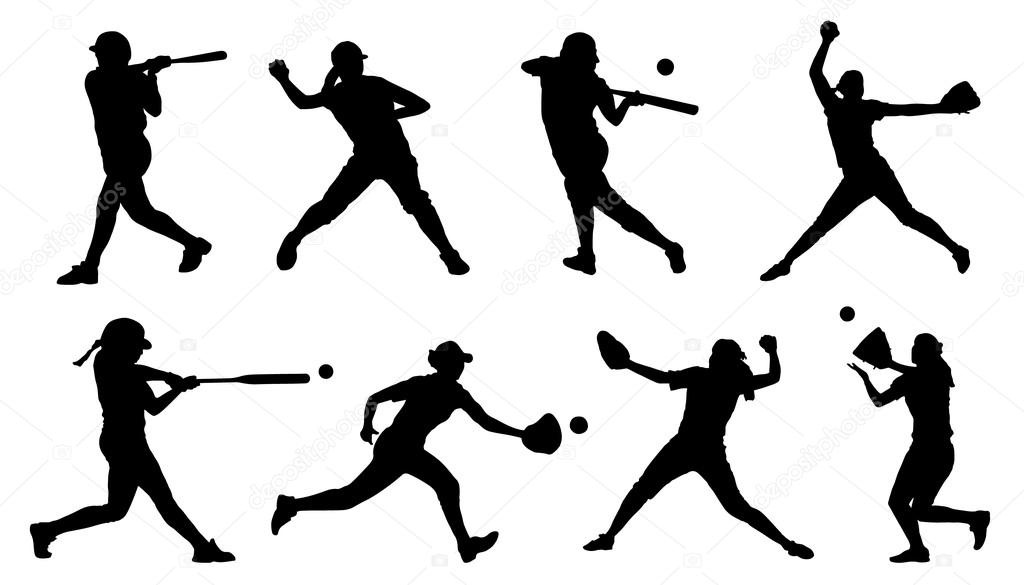 Softball silhouettes on the white background